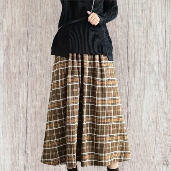 Brown Plaid A-Line Midi Skirt Pockets Size Large Lagenlook Oversize Gather NWT - Picture 2 of 6